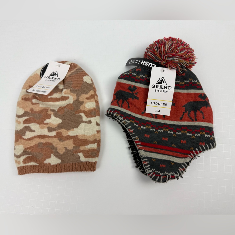 Lot of 2 Toddler Winter Caps Camo and Moose Patterns NEW